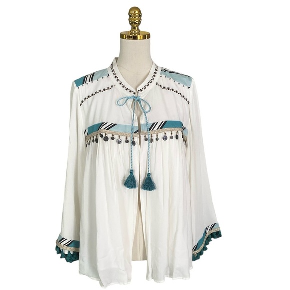 Chico’s Women's White Embellished Open Front Tassle Tie Lightweight Jacket Sz L - Picture 4 of 13